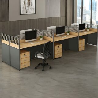 6-Way Modular Office Workstation with privacy dividers, storage units, and cable management