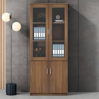 Modern 2-door wooden filing cabinet with tempered glass doors, three shelves, and a hidden cabinet, made from E1 grade Melamine board.