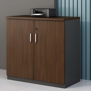 Sleek Modern Wood Storage Cabinet with a smooth finish, featuring double doors and a locking mechanism, ideal for office or home storage.