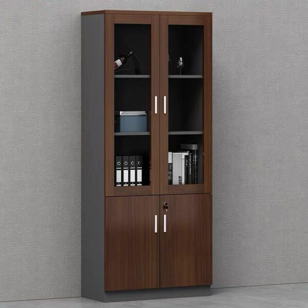 Modern 2-door wooden filing cabinet with tempered glass doors, three shelves, and a hidden cabinet, made from E1 grade Melamine board.
