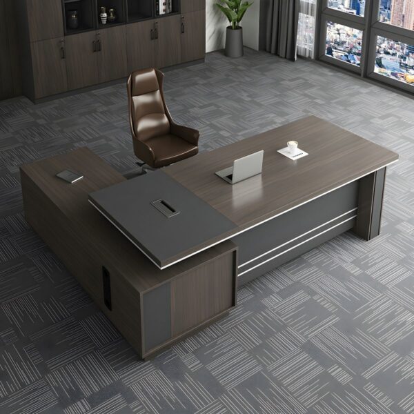 Executive Corner Desk in dark walnut and charcoal grey with ample storage and modern design.