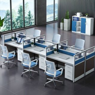 Blue and white 6-way modular office workstation with glass partitions, six drawers, and integrated grommets, accommodating six people.