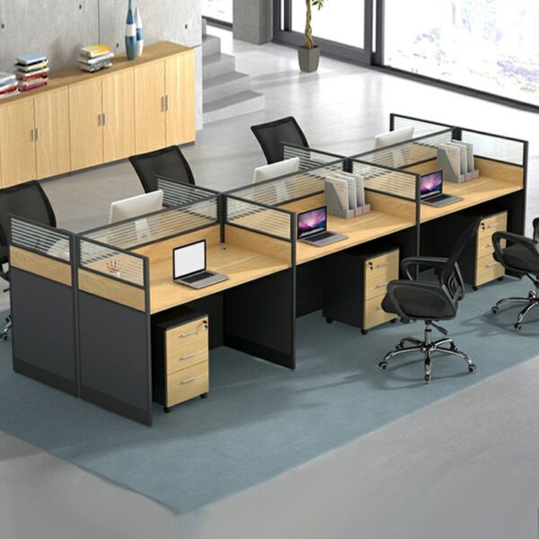 6-Way Modular Office Workstation with privacy dividers, storage units, and cable management