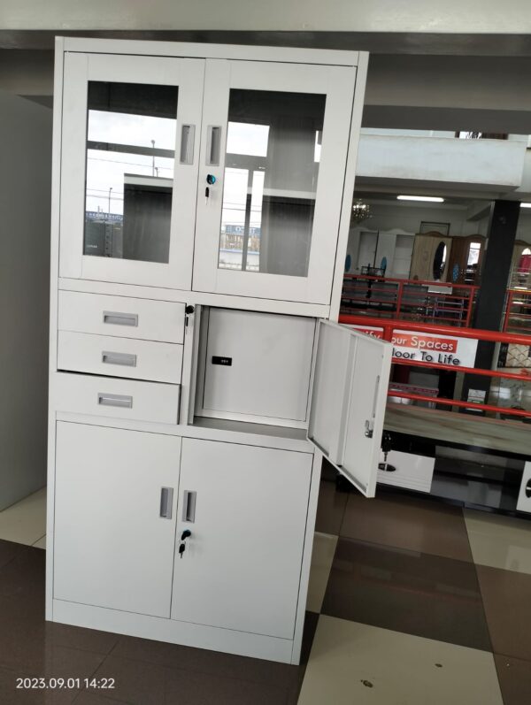 2-Door Steel Filing Cabinet with integrated safe and adjustable shelves