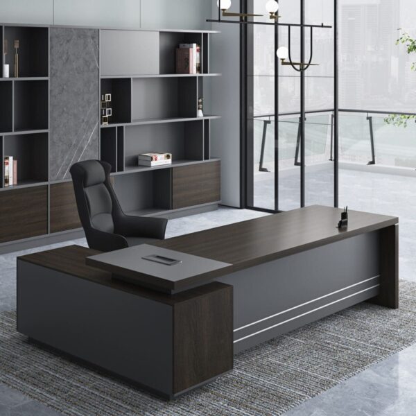 Executive Corner Desk in dark walnut and charcoal grey with ample storage and modern design.