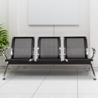 3-Link black metal waiting office bench with perforated seats and chrome armrests in an airport lounge.