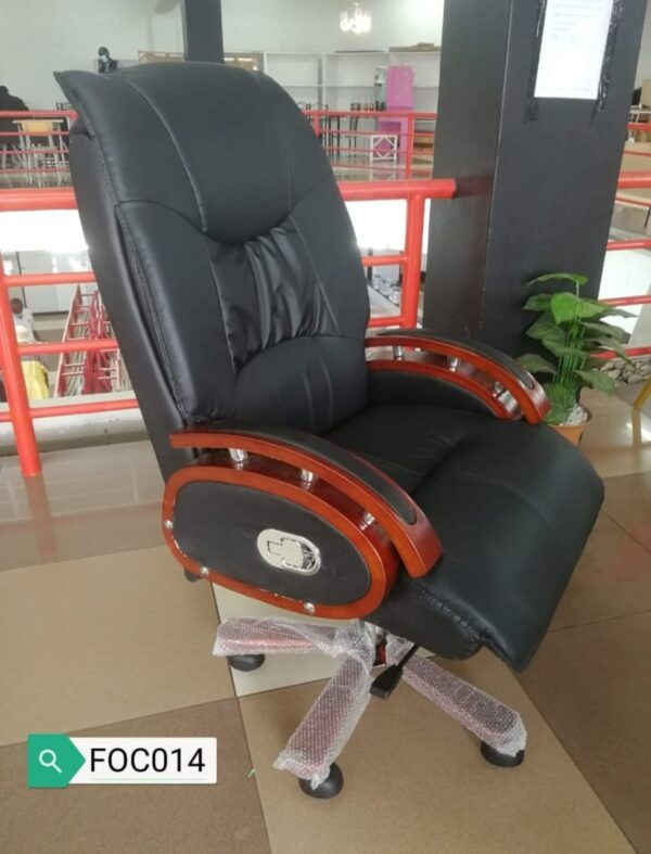 Director's Recliner Office Chair with black leather upholstery and wooden accents.