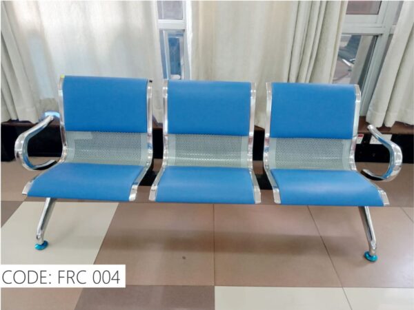 3-Link Blue Office Waiting Bench with chrome frame and blue PU leather upholstery in a reception area.