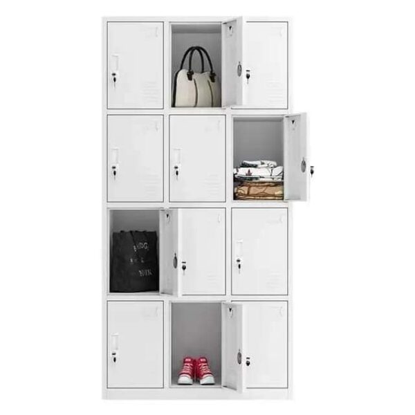 12-Lockers Metal Storage Cabinet with secure locks, metal construction, and ventilation slots for office, school, or gym use.