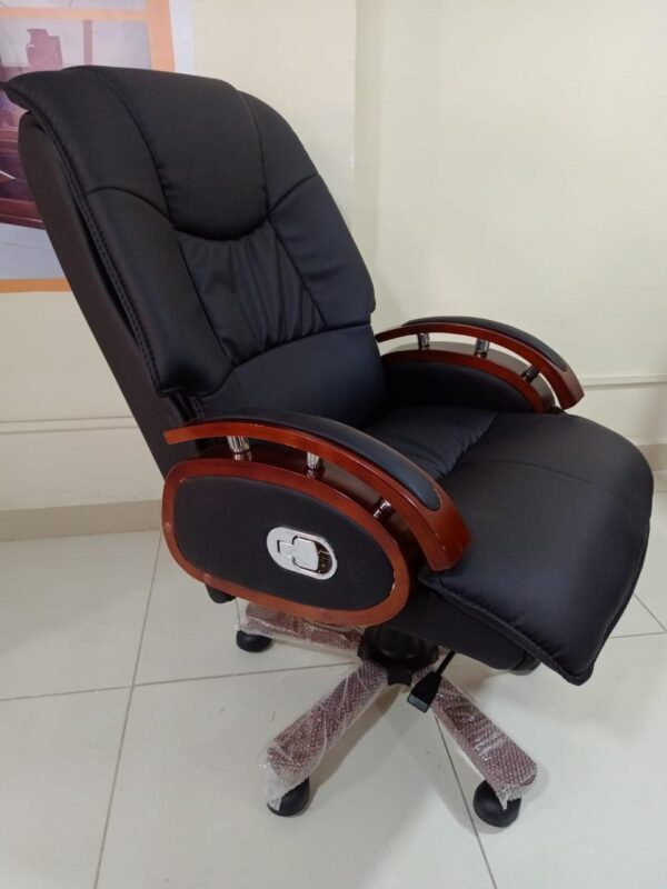 Director's Recliner Office Chair with black leather upholstery and wooden accents.