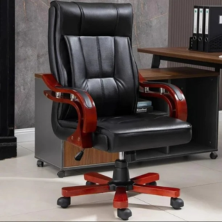 Executive office chair featuring wooden arms, designed for comfort and style in a professional office environment.