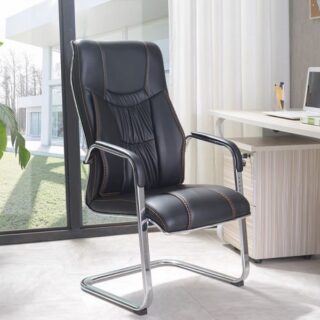 Black leather office visitor chair with chrome frame