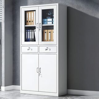 2-Door Metallic Half Glass Filing Cabinet with Adjustable Shelves and Lockable Doors