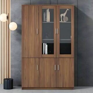 Brown wooden storage cabinet with multiple shelves