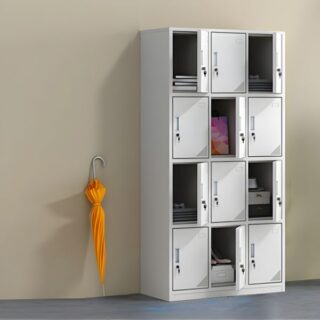 12-Lockers Metal Storage Cabinet with secure locks, metal construction, and ventilation slots for office, school, or gym use.