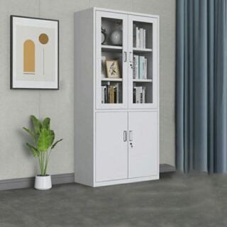 Modern white steel office cabinet with glass doors, secure storage, and sleek design for an organized and professional workspace.