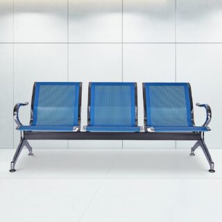 Blue three-seater waiting room bench with metal frame and armrests