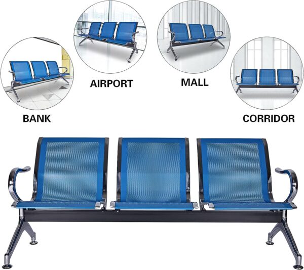 Blue three-seater waiting room bench with metal frame and armrests