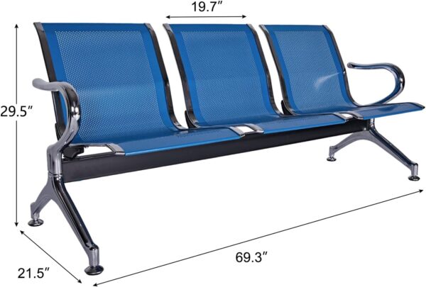 Blue three-seater waiting room bench with metal frame and armrests