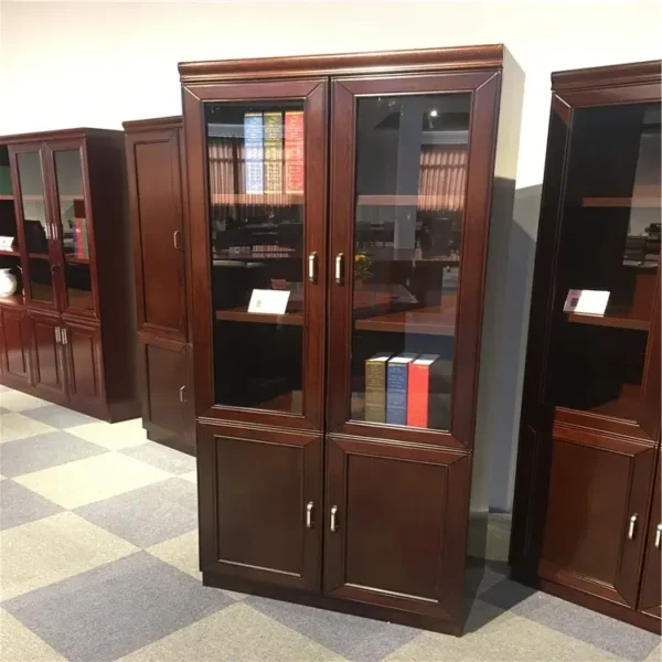 2-door wooden filing cabinet with glass top doors, wooden bottom panels, and mahogany finish.