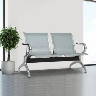 2-Link Waiting Area Bench with a sleek silver finish, featuring a durable non-padded steel design.