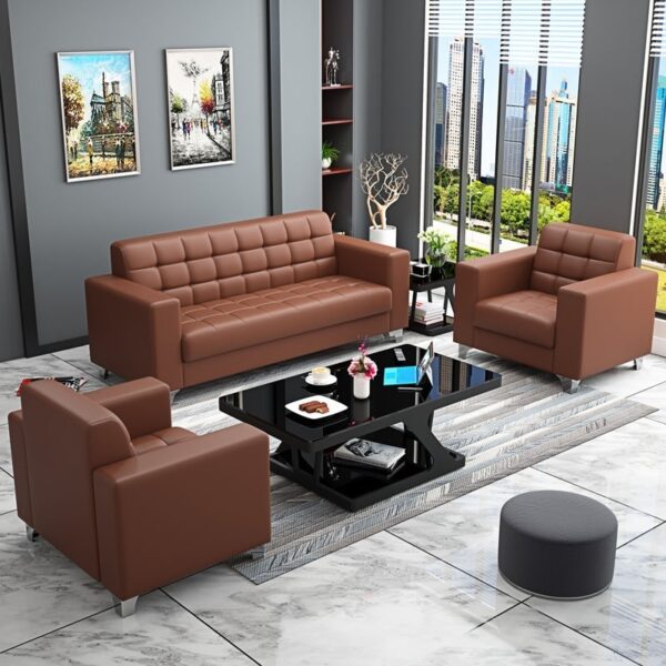 Brown 5-seater executive office sofa with PU leather upholstery