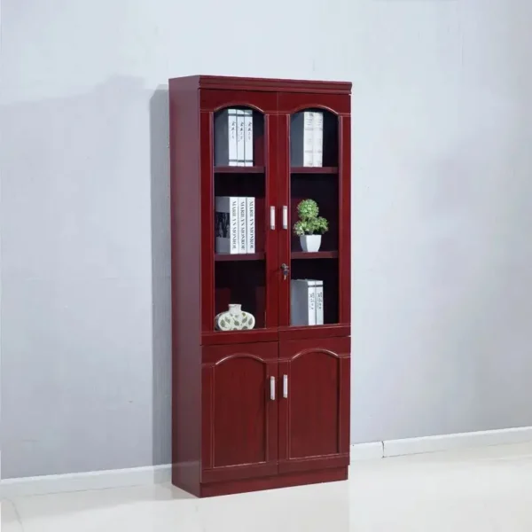 2-door wooden filing cabinet with glass top doors, wooden bottom panels, and mahogany finish.