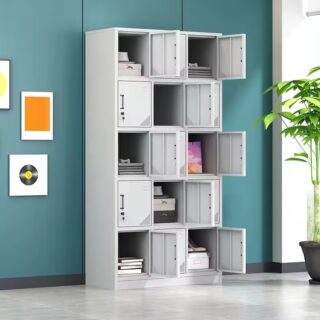 15-locker office filing cabinet with secure locks and a compact design for efficient storage in offices or schools.