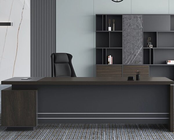 Executive Corner Desk in dark walnut and charcoal grey with ample storage and modern design.