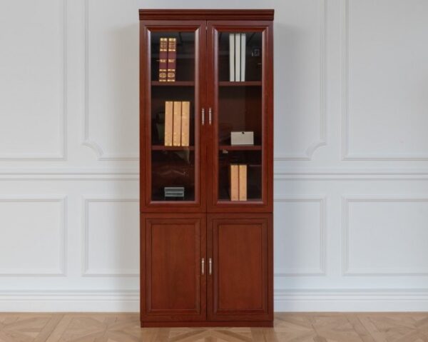 2-door wooden filing cabinet with glass top doors, wooden bottom panels, and mahogany finish.