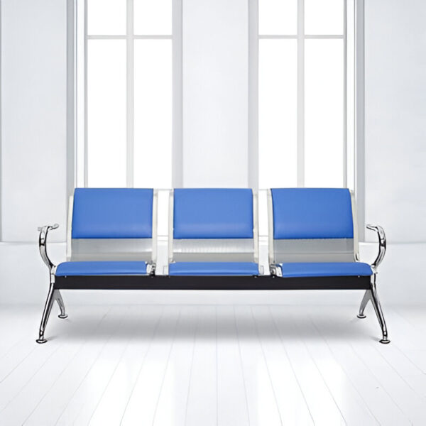 3-Link Blue Office Waiting Bench with chrome frame and blue PU leather upholstery in a reception area.