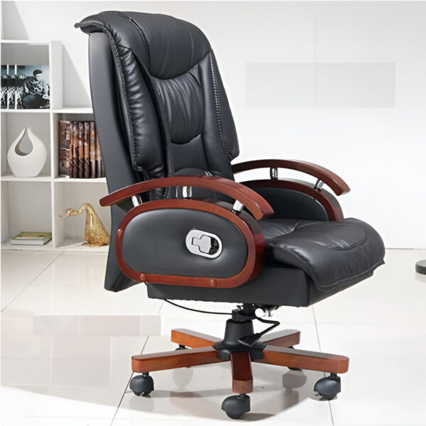 Director's Recliner Office Chair with black leather upholstery and wooden accents.