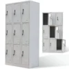 9-Locker Steel Office Cabinet with secure locks, durable steel construction, and compact design for versatile storage in offices or gyms.