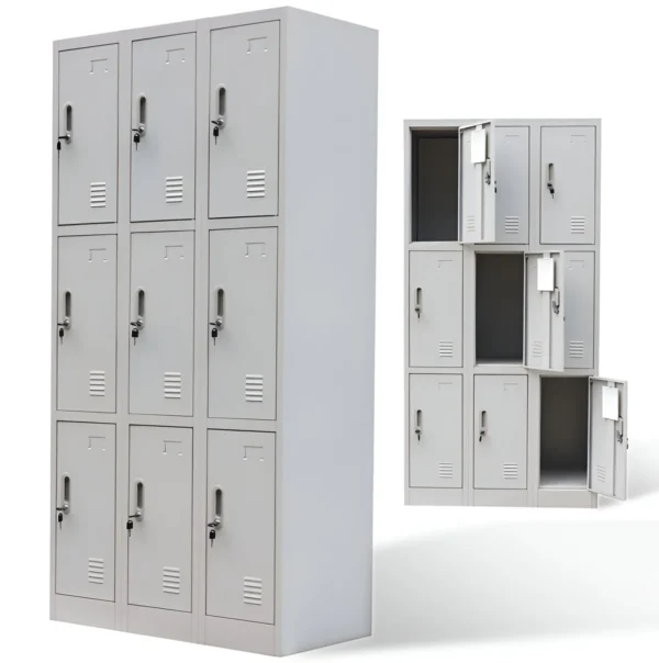 9-Locker Steel Office Cabinet with secure locks, durable steel construction, and compact design for versatile storage in offices or gyms.