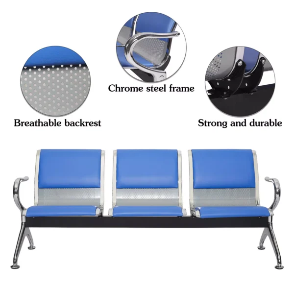 3-Link Blue Office Waiting Bench with chrome frame and blue PU leather upholstery in a reception area.