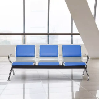 3-Link Blue Office Waiting Bench with chrome frame and blue PU leather upholstery in a reception area.