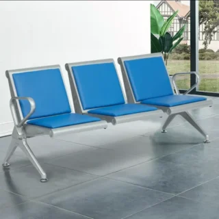 3-Link Heavy Duty Office Bench with blue padded seats and a silver metal frame.