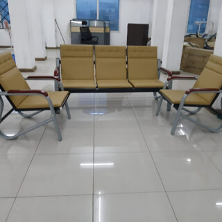 5-Seater Brown Reception Sofa Set with a three-seater sofa and two individual chairs, featuring cushioned seats and metal frames.