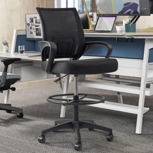 Ergonomic Mesh Teller Chair with adjustable height, cushioned seat, footrest, and swivel wheels.