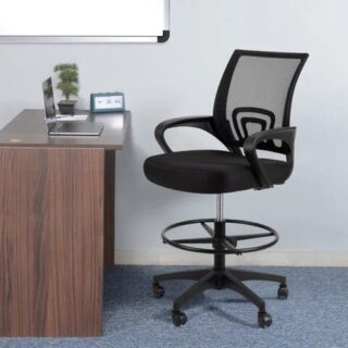 Ergonomic Mesh Teller Chair with adjustable height, cushioned seat, footrest, and swivel wheels.