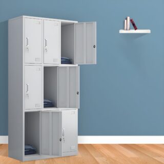 9-door steel office locker cabinet with lockable compartments for secure storage in office or gym settings.