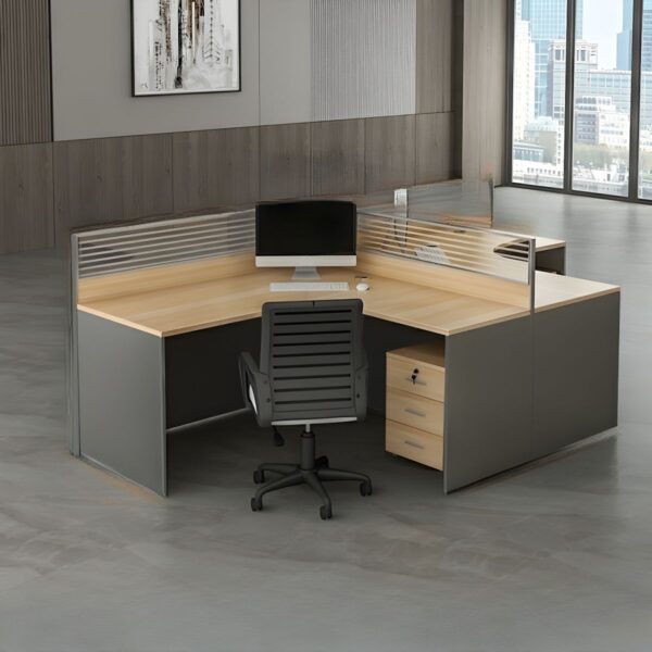 2-Way Curved Office Workstation with a spacious tabletop and integrated cable management.