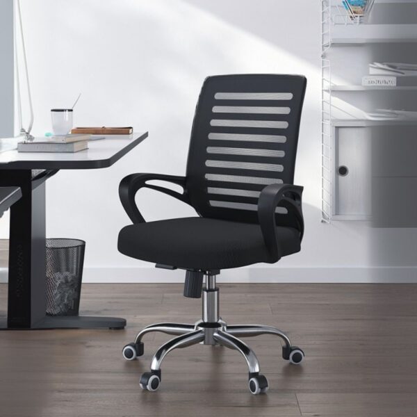 Strong Mesh Clerical Office Chair with breathable mesh backrest and adjustable height, placed beside an office desk.