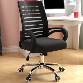 Strong Mesh Clerical Office Chair with breathable mesh backrest and adjustable height, placed beside an office desk.