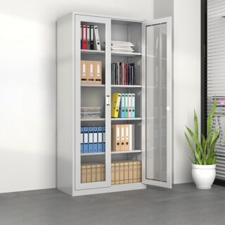 Full glass metallic filing cabinet with multiple shelves and lockable glass doors for office file storage and display.