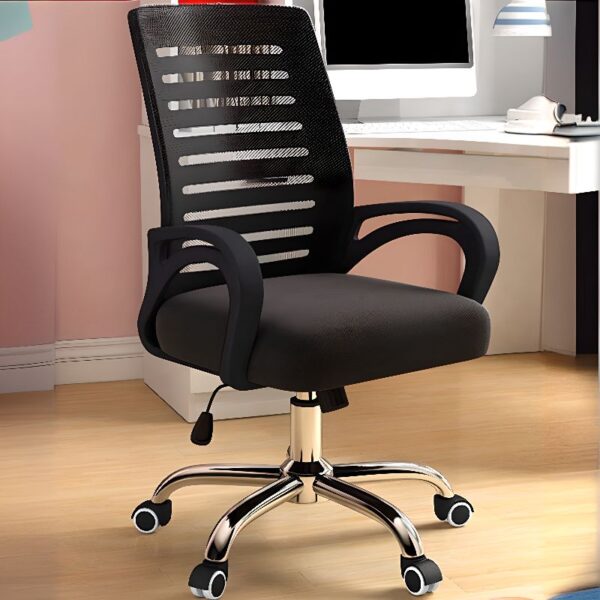 Strong Mesh Clerical Office Chair with breathable mesh backrest and adjustable height, placed beside an office desk.