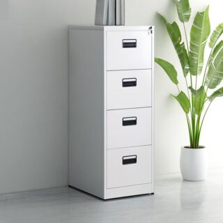 4-drawer steel office cabinet with lock and file storage.