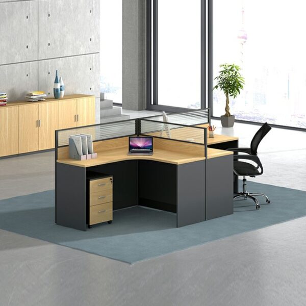 2-Way Curved Office Workstation with a spacious tabletop and integrated cable management.