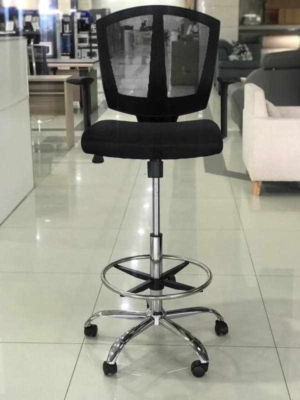 Ergonomic mesh cashier seat with breathable back, cushioned seat, and adjustable height, designed for comfort during long hours at the register.