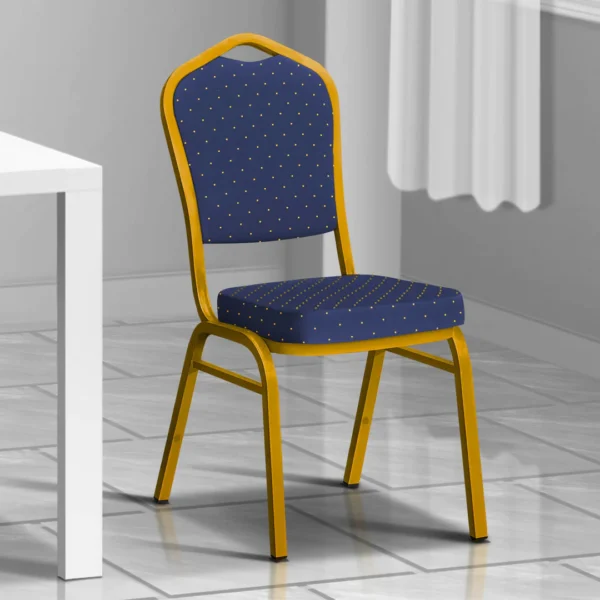 Royal blue conference chair with cushioned seat and backrest, supported by a gold metal frame.